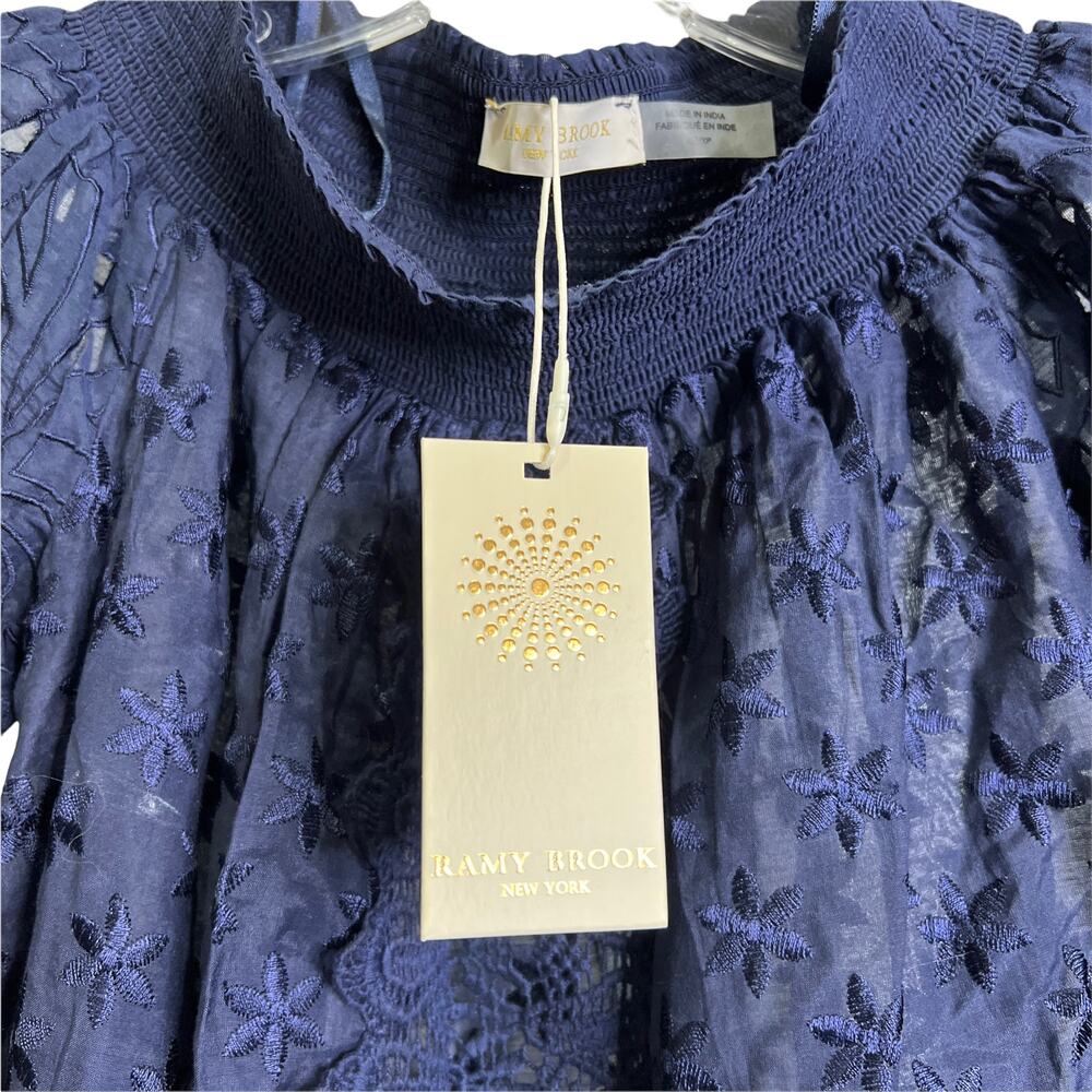 Ramy Brook Women's Sz XS Blouse Navy‎ Lace Ruffle Sleeves Off The Shoulder NWT - Picture 6 of 11